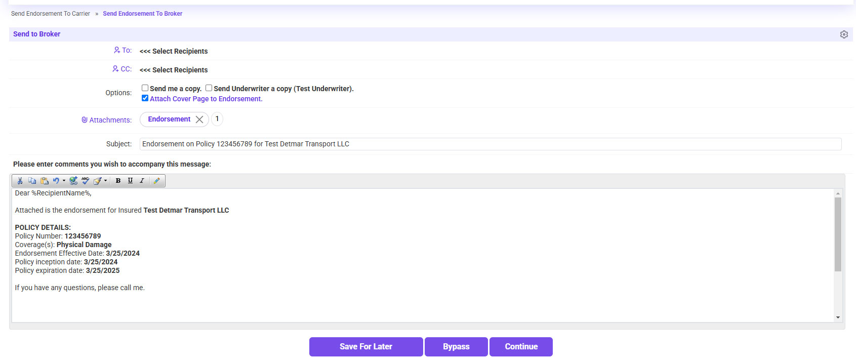 Email endorsement document